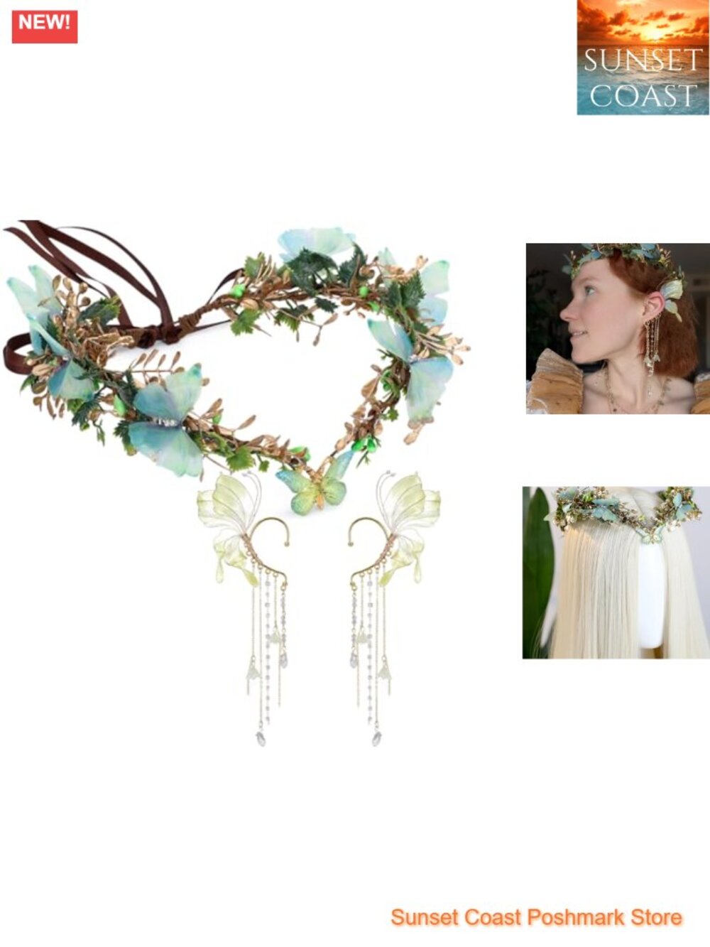 Fairy Crown Elf Ear Cuffs Set Floral Butterfly Costume Accessory Kit